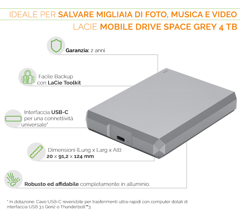 LaCie Mobile Drive Space Grey 4TB ideale per trasferire musica foto e video